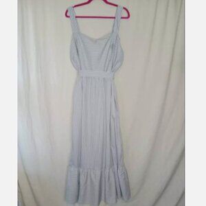 A New Day‎ Sundress Gray Blue White Striped Belted Ruffle Maxi Summer 2X NWT